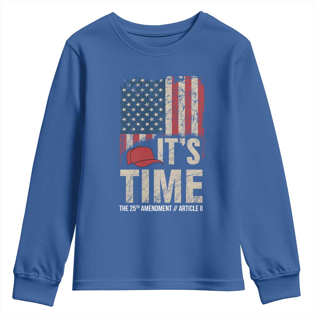 It's Time The 25th Amendment Youth Sweatshirt Article II Red Hat Distressed American Flag Graphic TS02 Royal Blue Print Your Wear