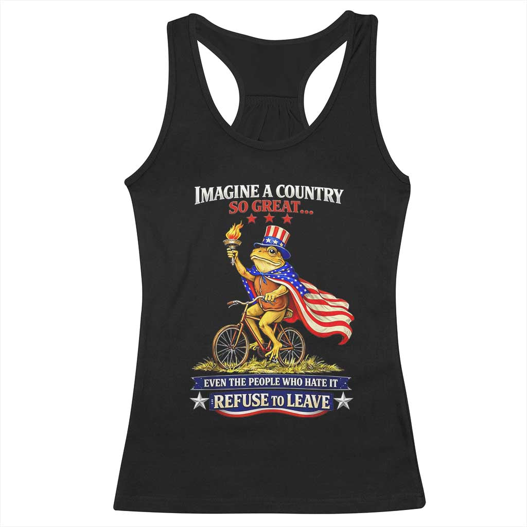 Proud American Humor Patriotic Frog On Bicycle Graphic Racerback Tank Top Imagine A Country So Great Pride TS02 Black Print Your Wear