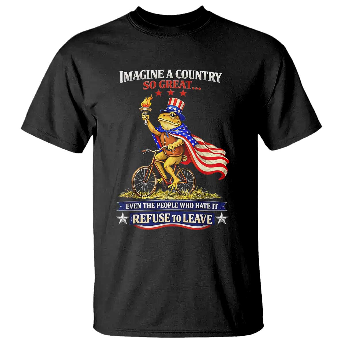 Proud American Humor Patriotic Frog On Bicycle Graphic T Shirt Imagine A Country So Great Pride TS02 Black Print Your Wear