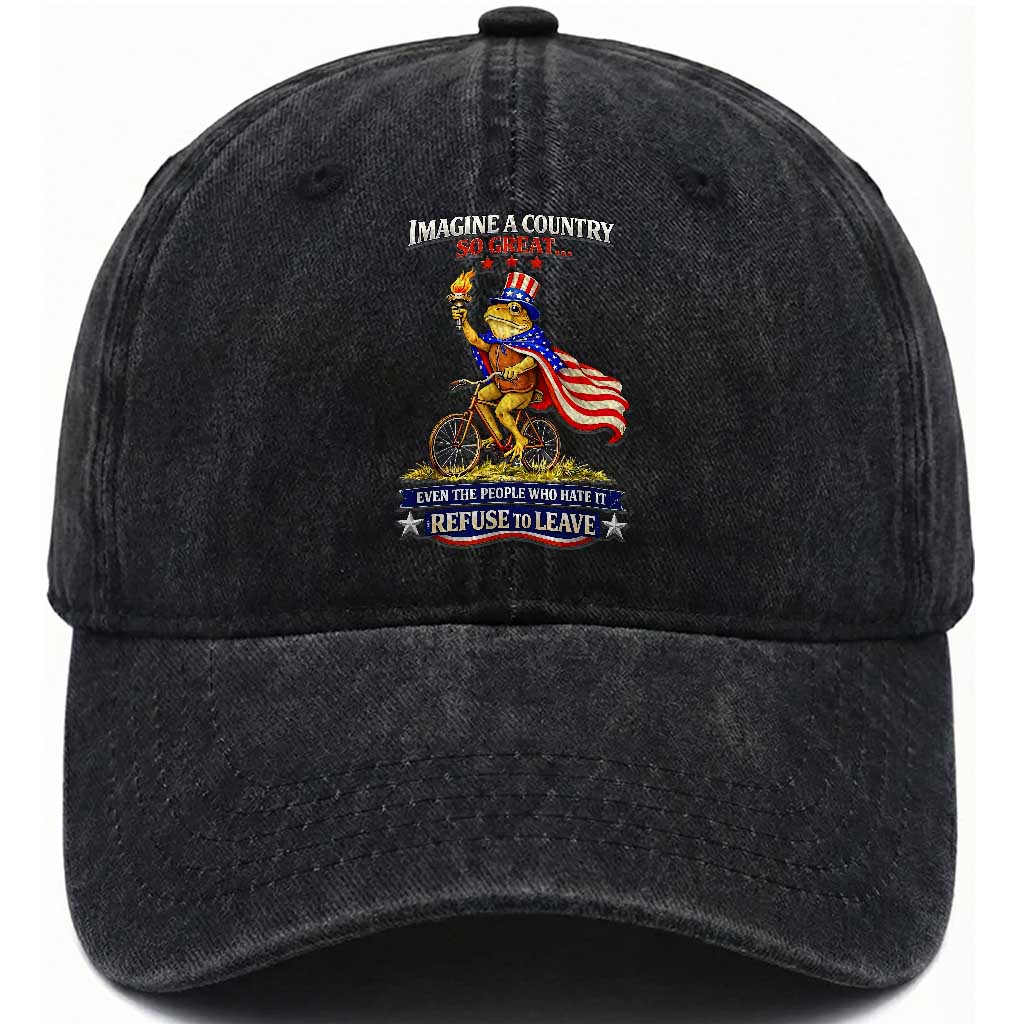 Proud American Humor Patriotic Frog On Bicycle Graphic Washed Cotton Baseball Cap Imagine A Country So Great Pride TS02 Print Your Wear