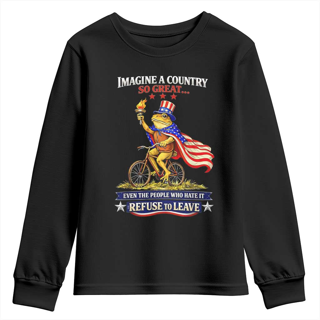 Proud American Humor Patriotic Frog On Bicycle Graphic Youth Sweatshirt Imagine A Country So Great Pride TS02 Black Print Your Wear