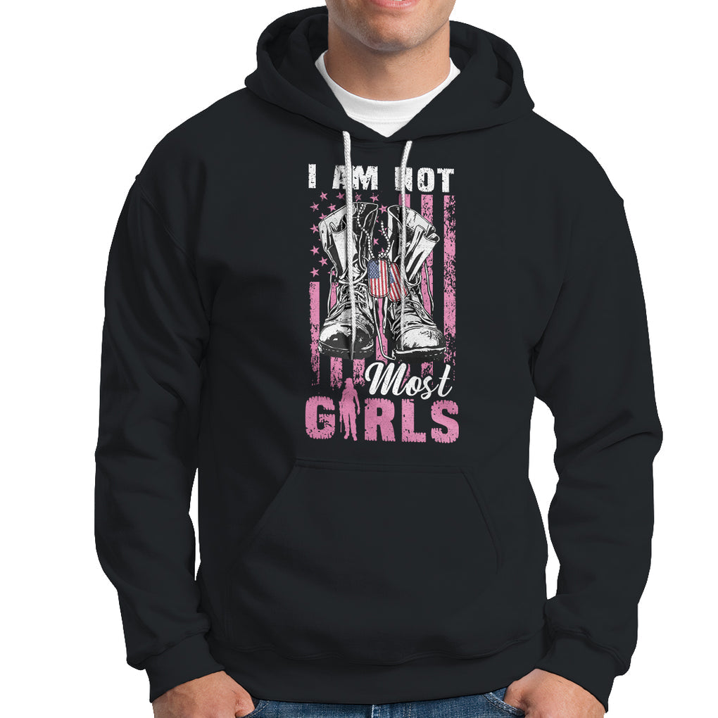 Female Veteran Hoodie I Am Not Most Girls American Flag Combat Boots And Dog Tags TS02 Dark Heather Printyourwear