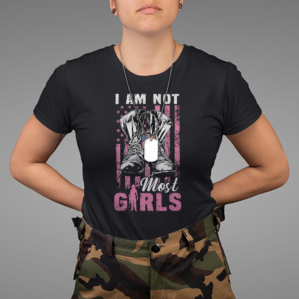 Female Veteran T Shirt I Am Not Most Girls American Flag Combat Boots And Dog Tags TS02 Dark Heather Printyourwear