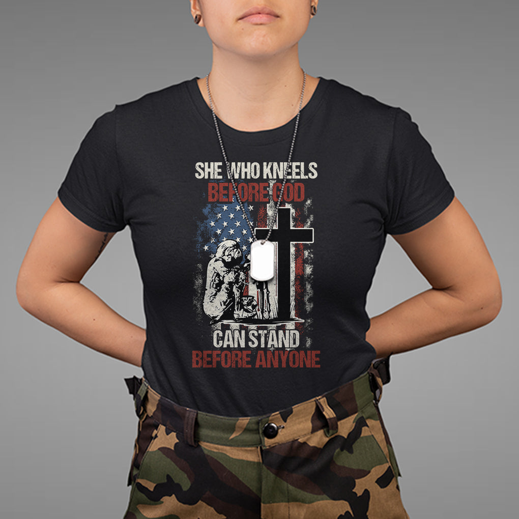 Female Veteran T Shirt She Who Kneels Before God Can Stand Before Anyone Strong Women TS02 Dark Heather Printyourwear