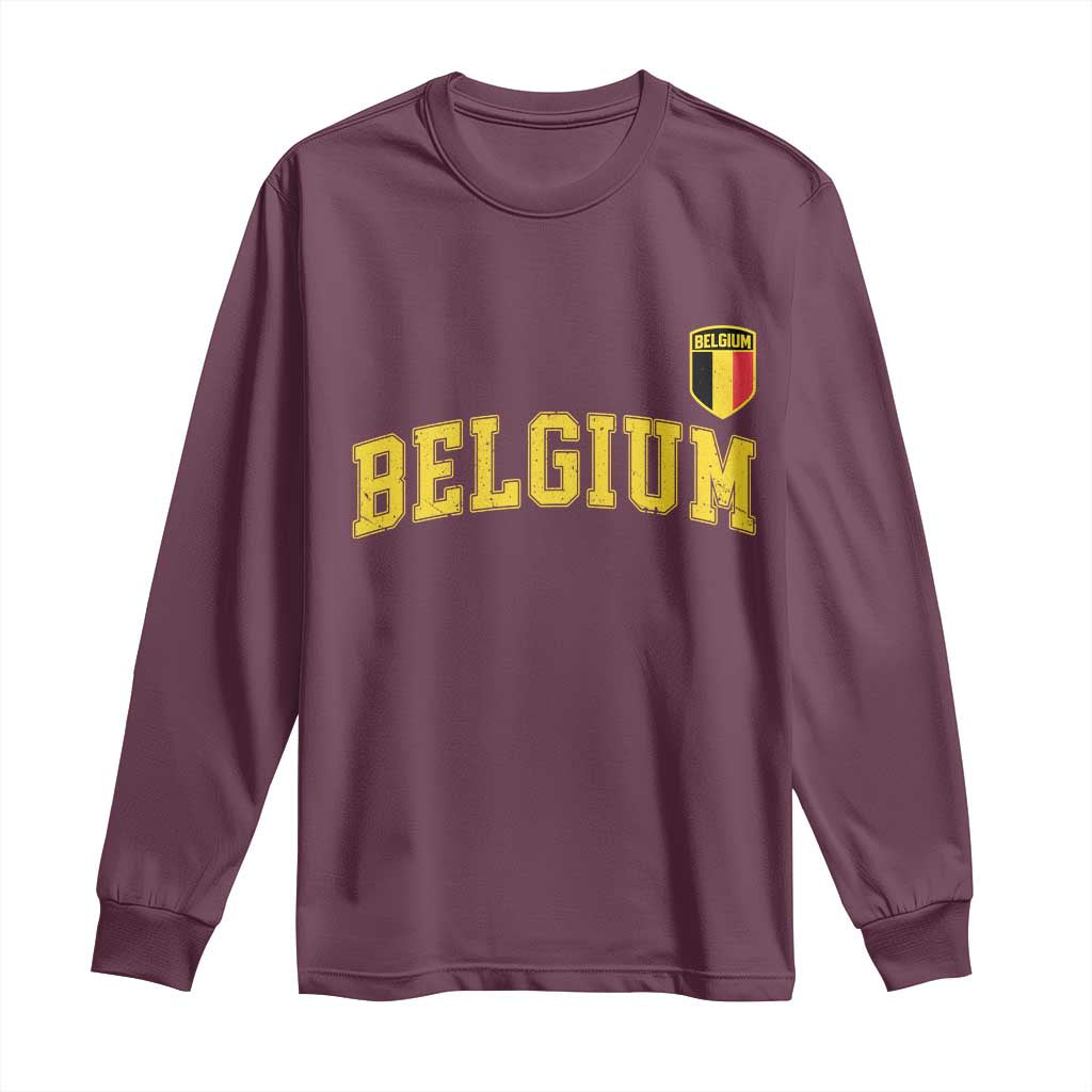 Vintage Belgium Varsity Style Distressed Graphic Long Sleeve Shirt Classic Collegiate Belgian Pride TS02 Maroon Print Your Wear