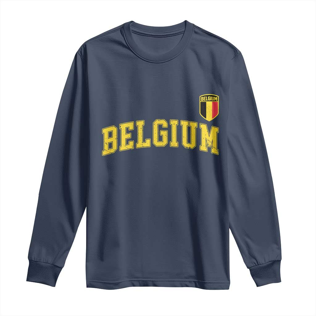 Vintage Belgium Varsity Style Distressed Graphic Long Sleeve Shirt Classic Collegiate Belgian Pride TS02 Navy Print Your Wear