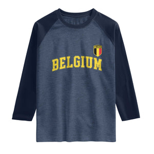Vintage Belgium Varsity Style Distressed Graphic Raglan Shirt Classic Collegiate Belgian Pride TS02 Heather Denim Navy Print Your Wear