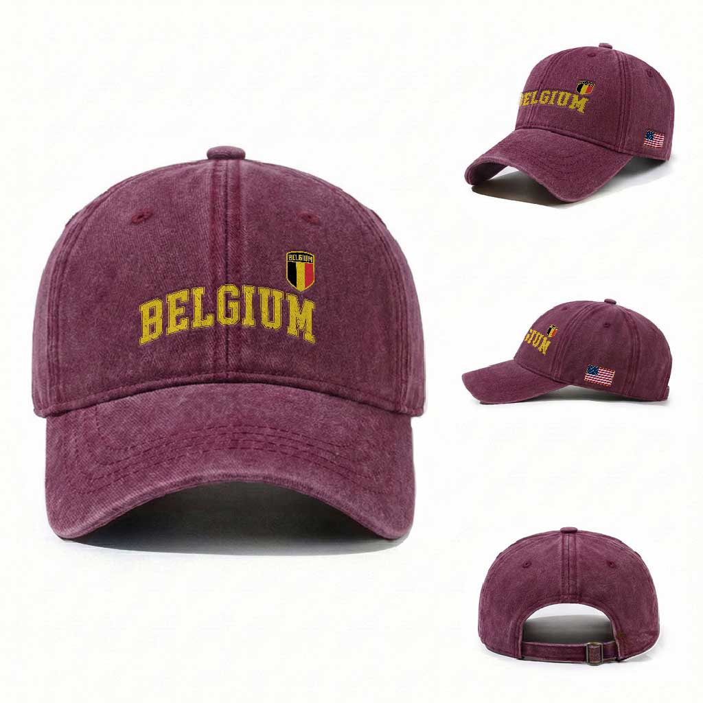 Vintage Belgium Varsity Style Distressed Graphic Washed Cotton Baseball Cap Classic Collegiate Belgian Pride TS02 Washed Cap Universal Fit Burgundy Print Your Wear