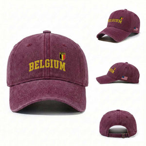 Vintage Belgium Varsity Style Distressed Graphic Washed Cotton Baseball Cap Classic Collegiate Belgian Pride TS02 Washed Cap Universal Fit Burgundy Print Your Wear