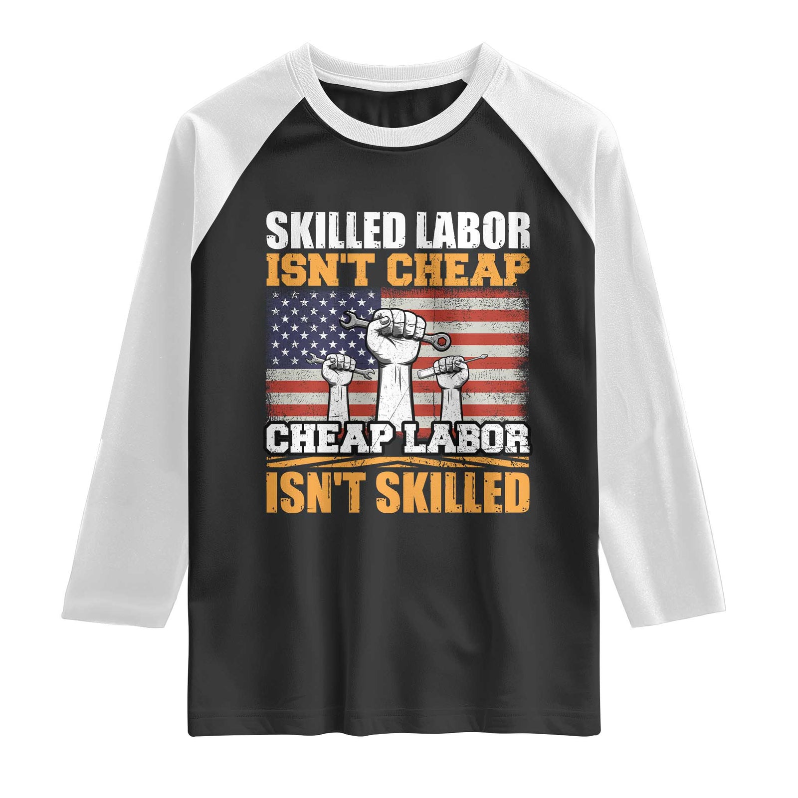 Skilled Labor Patriotic USA Flag Raglan Shirt Blue Collar Trade Union Hand Tools Pride Graphic TS02 Black White Print Your Wear