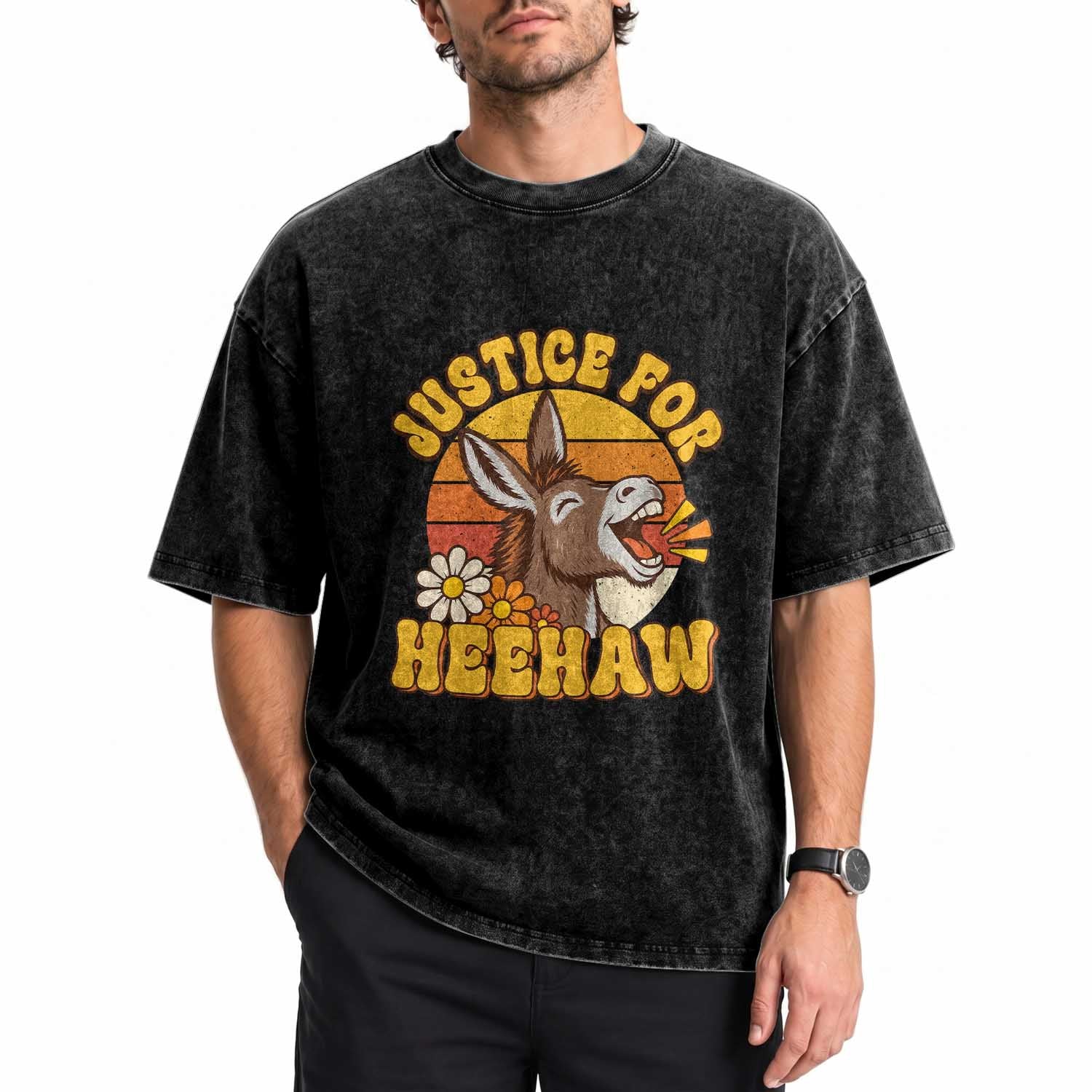 Justice For Heehaw Groovy Retro Sunset Donkey Washed Cotton T-Shirt Vintage 70s Animal Rights Advocacy