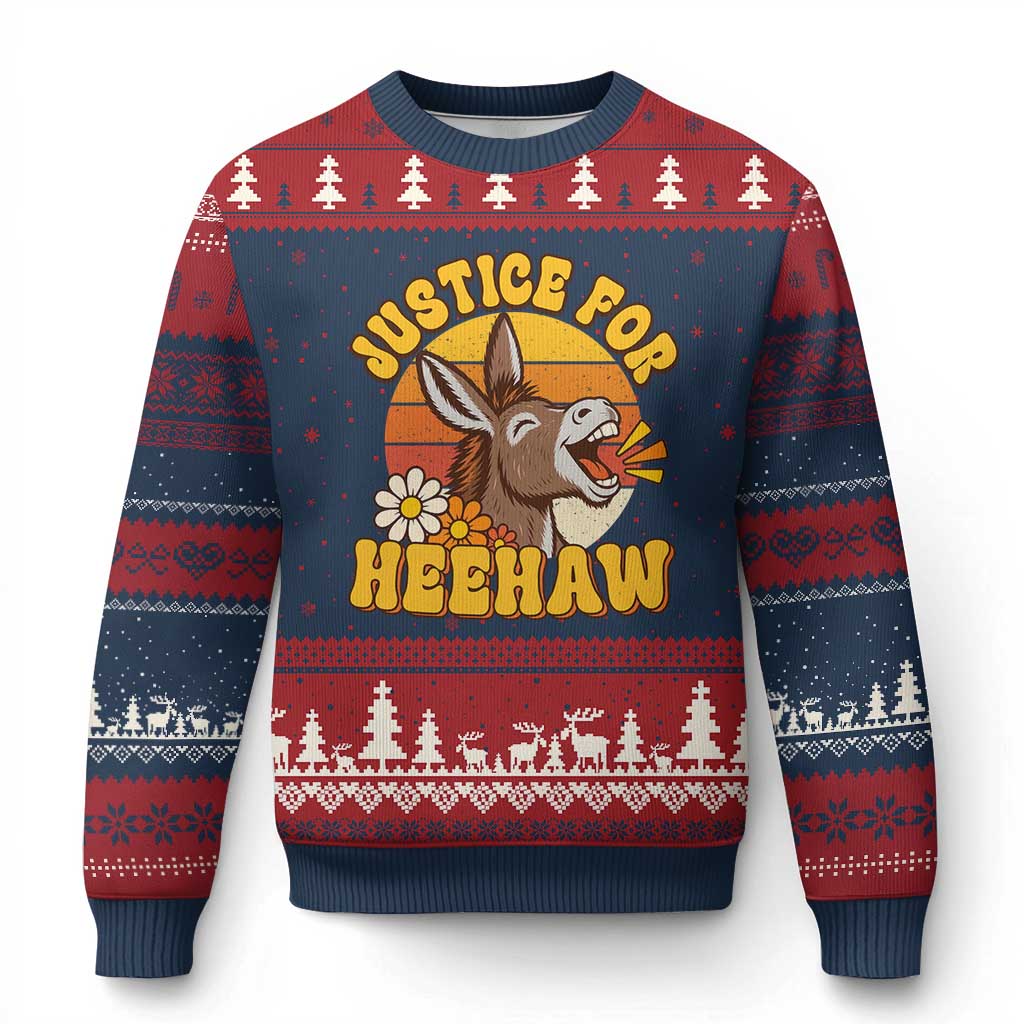 Justice For Heehaw Groovy Retro Sunset Donkey Ugly Christmas Sweater Vintage 70s Animal Rights Advocacy