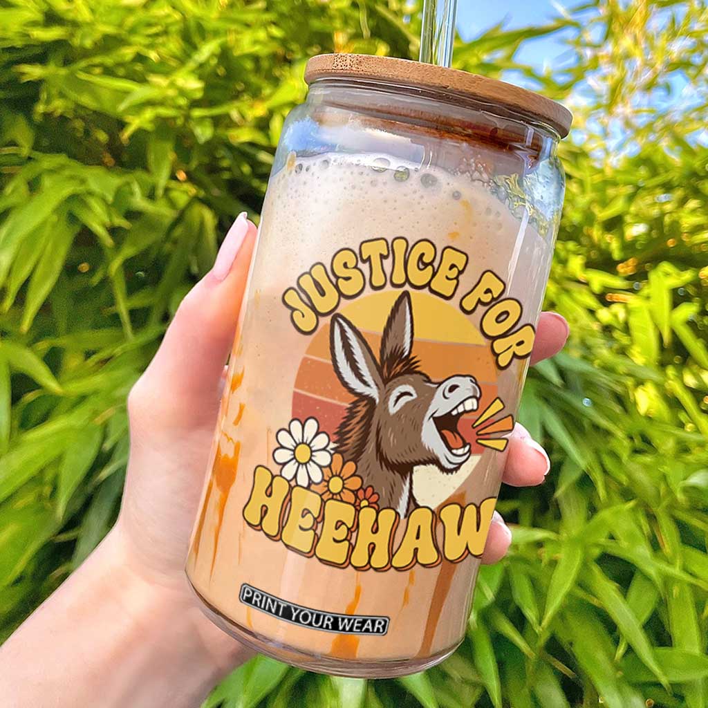 Justice For Heehaw Groovy Retro Sunset Donkey Glass Can Vintage 70s Animal Rights Advocacy