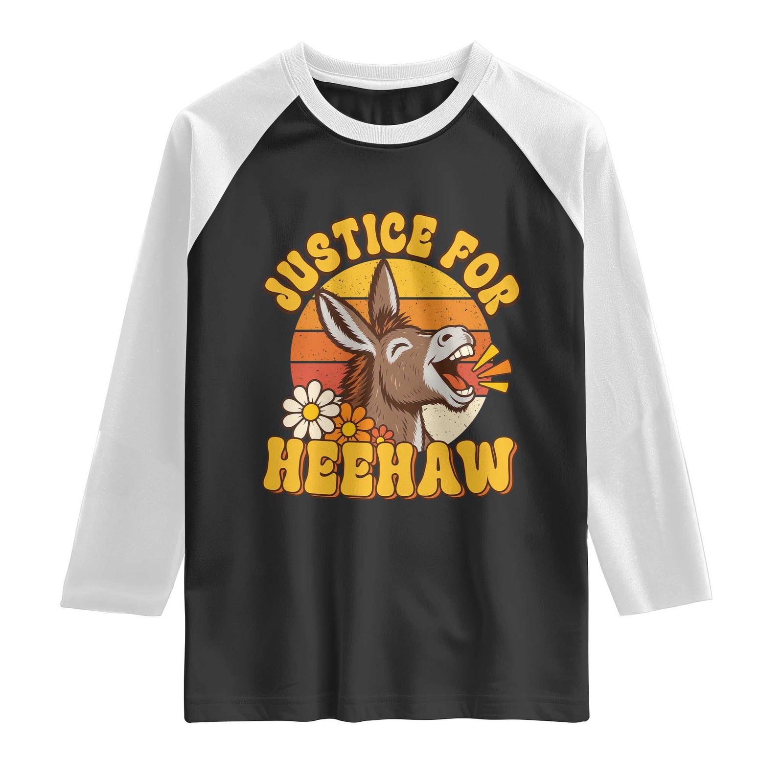 Justice For Heehaw Groovy Retro Sunset Donkey Raglan Shirt Vintage 70s Animal Rights Advocacy