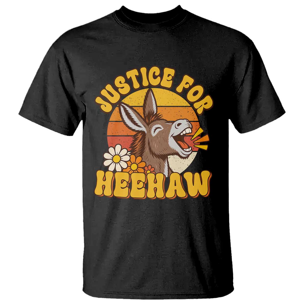 Justice For Heehaw Groovy Retro Sunset Donkey T Shirt Vintage 70s Animal Rights Advocacy