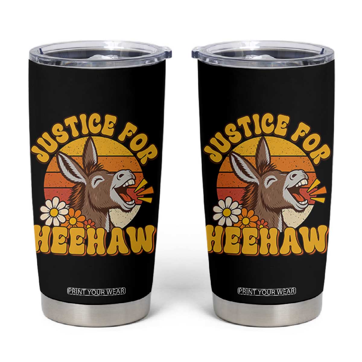 Justice For Heehaw Groovy Retro Sunset Donkey Tumbler Cup Vintage 70s Animal Rights Advocacy