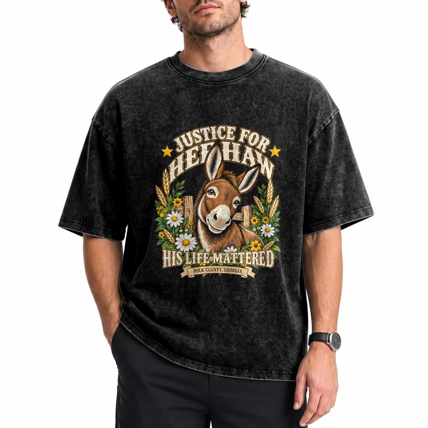 Justice For Heehaw Polk County GA Floral Donkey Washed Cotton T-Shirt His Life Mattered Animal Rights Advocacy