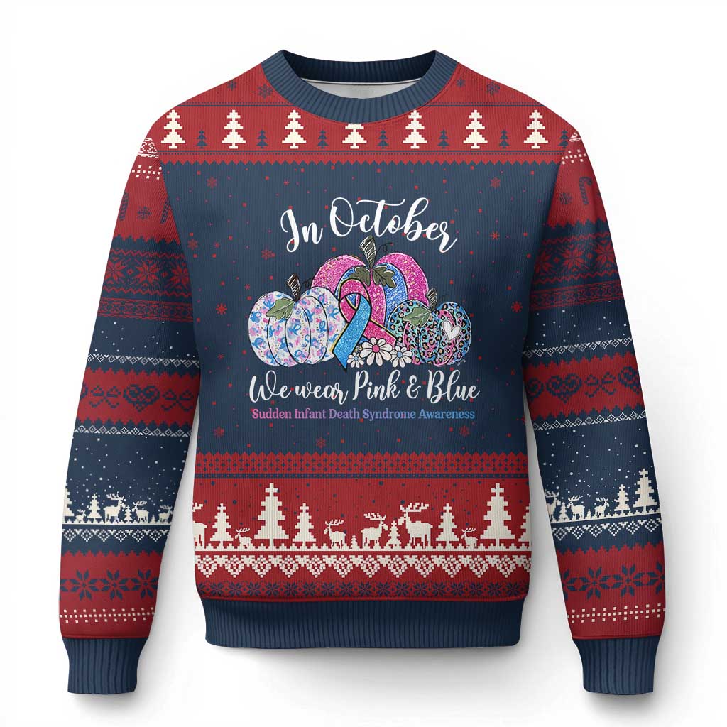 In October We Wear Pink And Blue Pumpkin SIDS Awareness Graphic Ugly Christmas Sweater