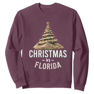 Christmas In Florida Sweatshirt Sand Xmas Tree Lights Family Vacation TS02 Maroon Print Your Wear