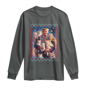 Christmas Trump With Cats Long Sleeve Shirt Cat For Trump Xmas 2024 Ugly Sweater TS02 Dark Heather Print Your Wear