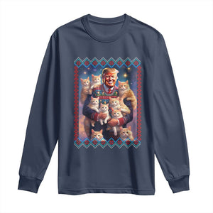 Christmas Trump With Cats Long Sleeve Shirt Cat For Trump Xmas 2024 Ugly Sweater TS02 Navy Print Your Wear