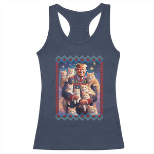 Christmas Trump With Cats Racerback Tank Top Cat For Trump Xmas 2024 Ugly Sweater TS02 Navy Print Your Wear