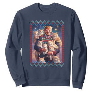 Christmas Trump With Cats Sweatshirt Cat For Trump Xmas 2024 Ugly Sweater TS02 Navy Print Your Wear