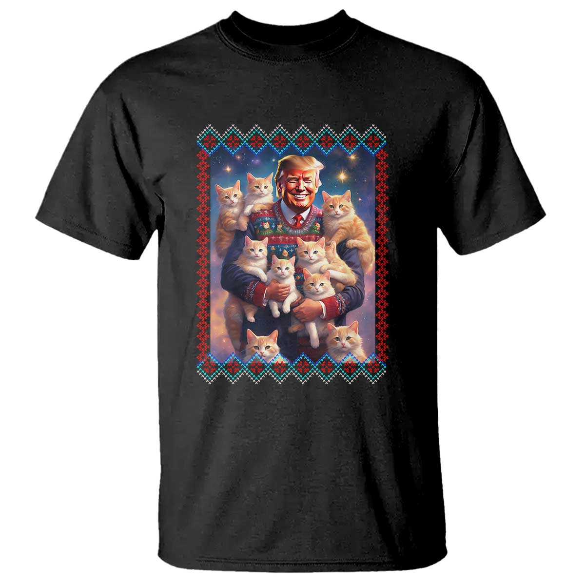 Christmas Trump With Cats T Shirt Cat For Trump Xmas 2024 Ugly Sweater TS02 Black Print Your Wear