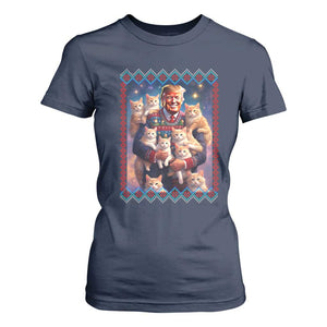 Christmas Trump With Cats T Shirt For Women Cat For Trump Xmas 2024 Ugly Sweater TS02 Navy Print Your Wear