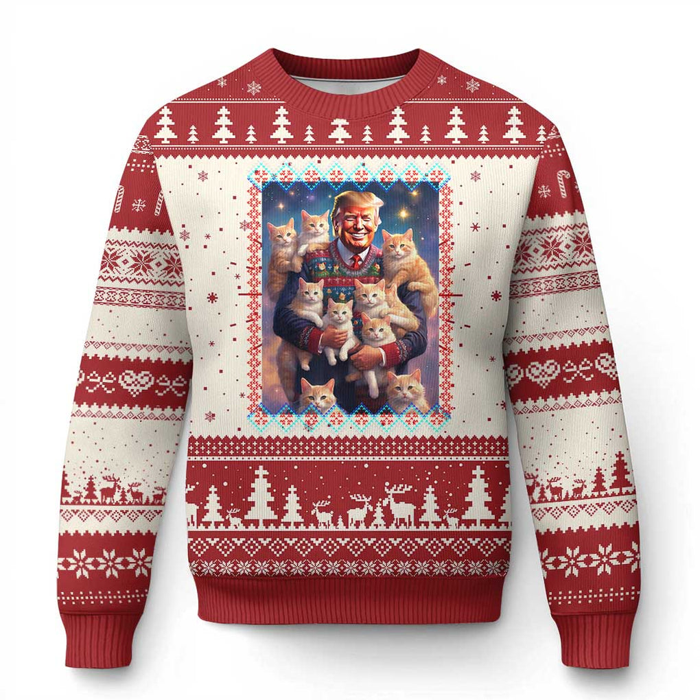 Xmas Trump With Cats Ugly Christmas Sweater Cat For Trump Xmas 2024 Ugly Sweater TS02 Red Print Your Wear