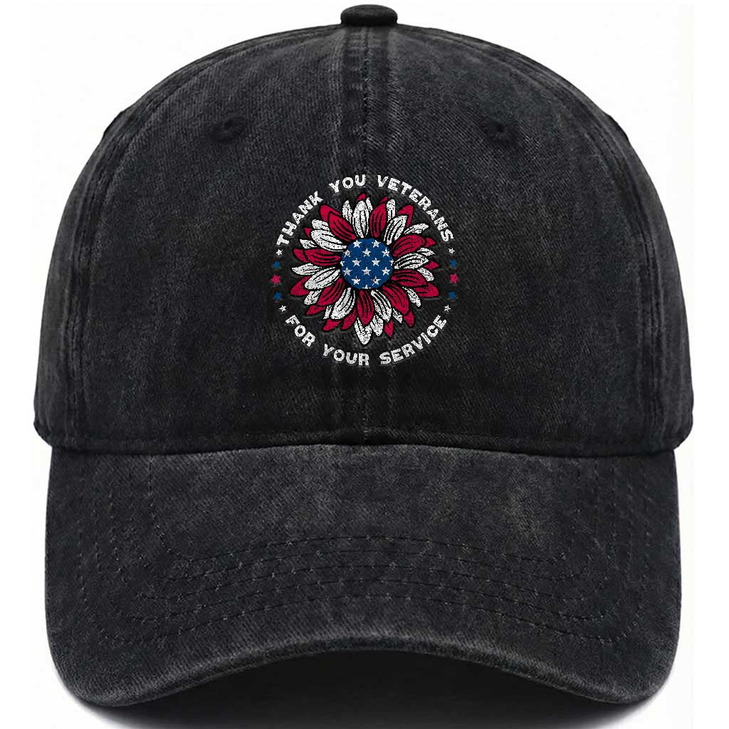 Thank You Veterans Washed Cotton Baseball Cap American Flag Sunflower Military Tribute TS02 Washed Cap Universal Fit Black Print Your Wear
