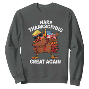 Make Thanksgiving Great Again Sweatshirt Dabbing Turkey Trump American Flag TS02 Dark Heather Print Your Wear