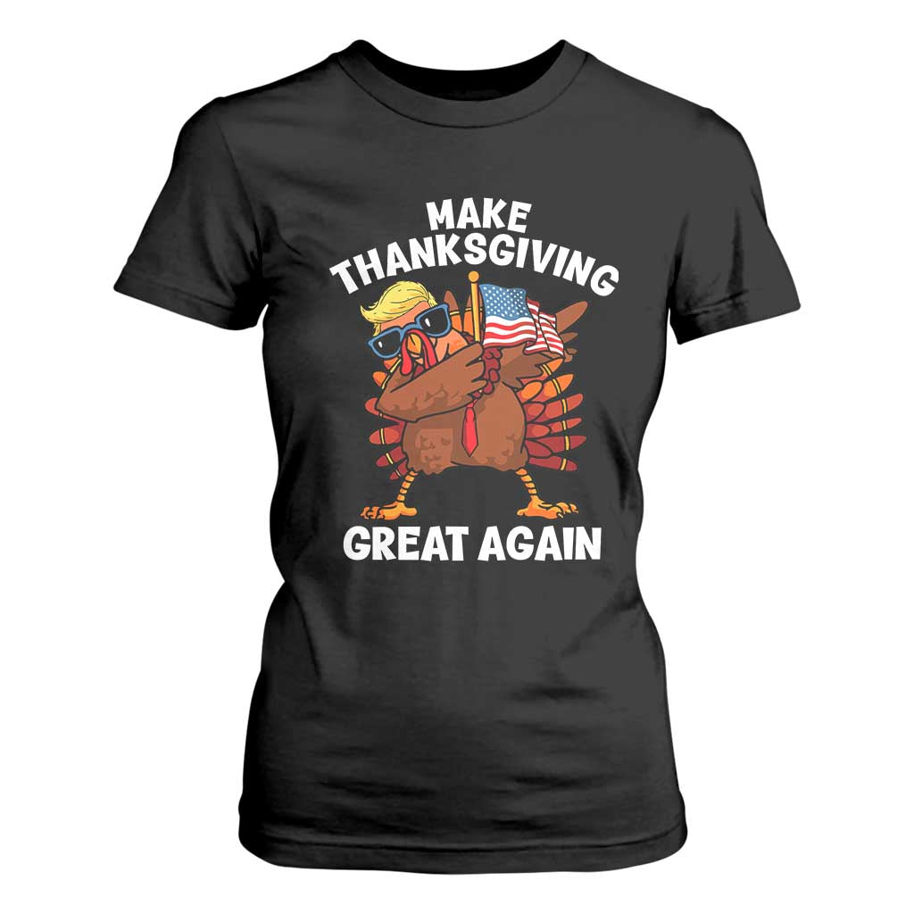 Make Thanksgiving Great Again T Shirt For Women Dabbing Turkey Trump American Flag TS02 Black Print Your Wear