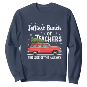 Funny Christmas Teacher Sweatshirt Jolliest Bunch Of Teachers This Side Of The Hallway Xmas PJ Gift TS02 Navy Print Your Wear