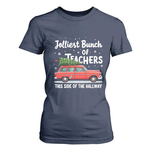 Funny Christmas Teacher T Shirt For Women Jolliest Bunch Of Teachers This Side Of The Hallway Xmas PJ Gift TS02 Navy Print Your Wear