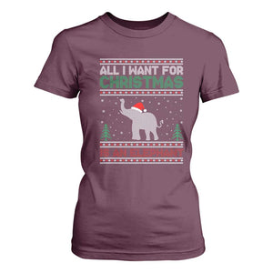 Christmas Elephant T Shirt For Women All I Want for Xmas Is An Elephant Ugly Sweater TS02 Maroon Print Your Wear