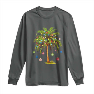 Christmas Palm Tree Long Sleeve Shirt Xmas Lights Tropical Hawaiian Holidays TS02 Dark Heather Print Your Wear