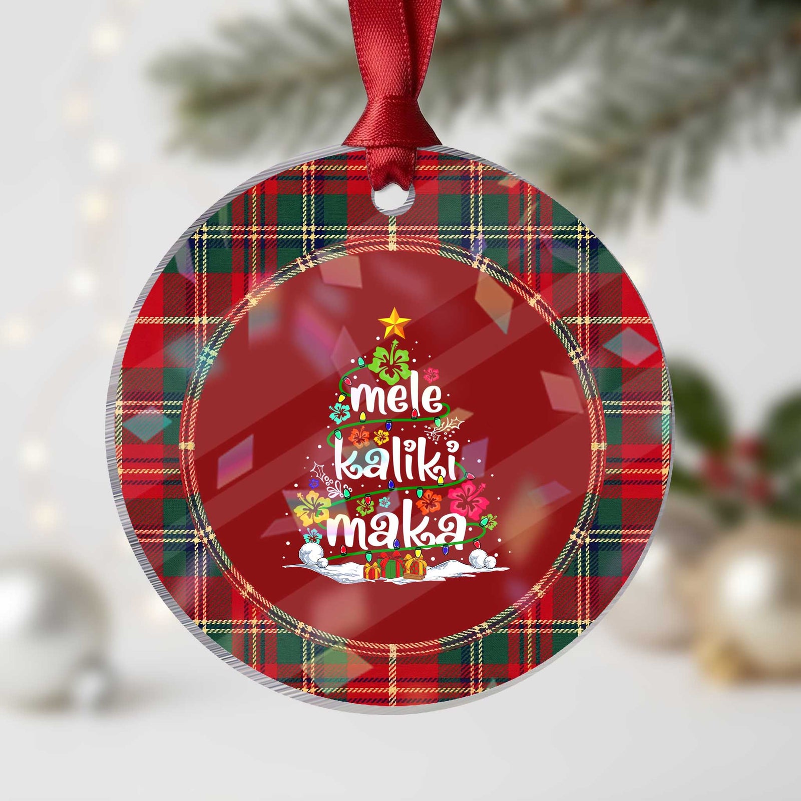 Tropical Hawaiian Mele Kalikimaka Christmas Graphic Holographic Acrylic Ornament Festive Palm Trees Aloha Island Winter Holiday Art