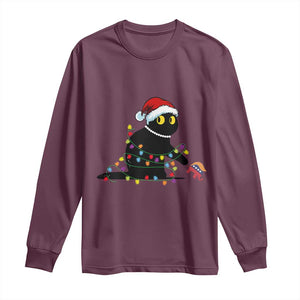 Christmas Black Cat Long Sleeve Shirt Knock Over Elephant Funny Xmas TS02 Maroon Print Your Wear