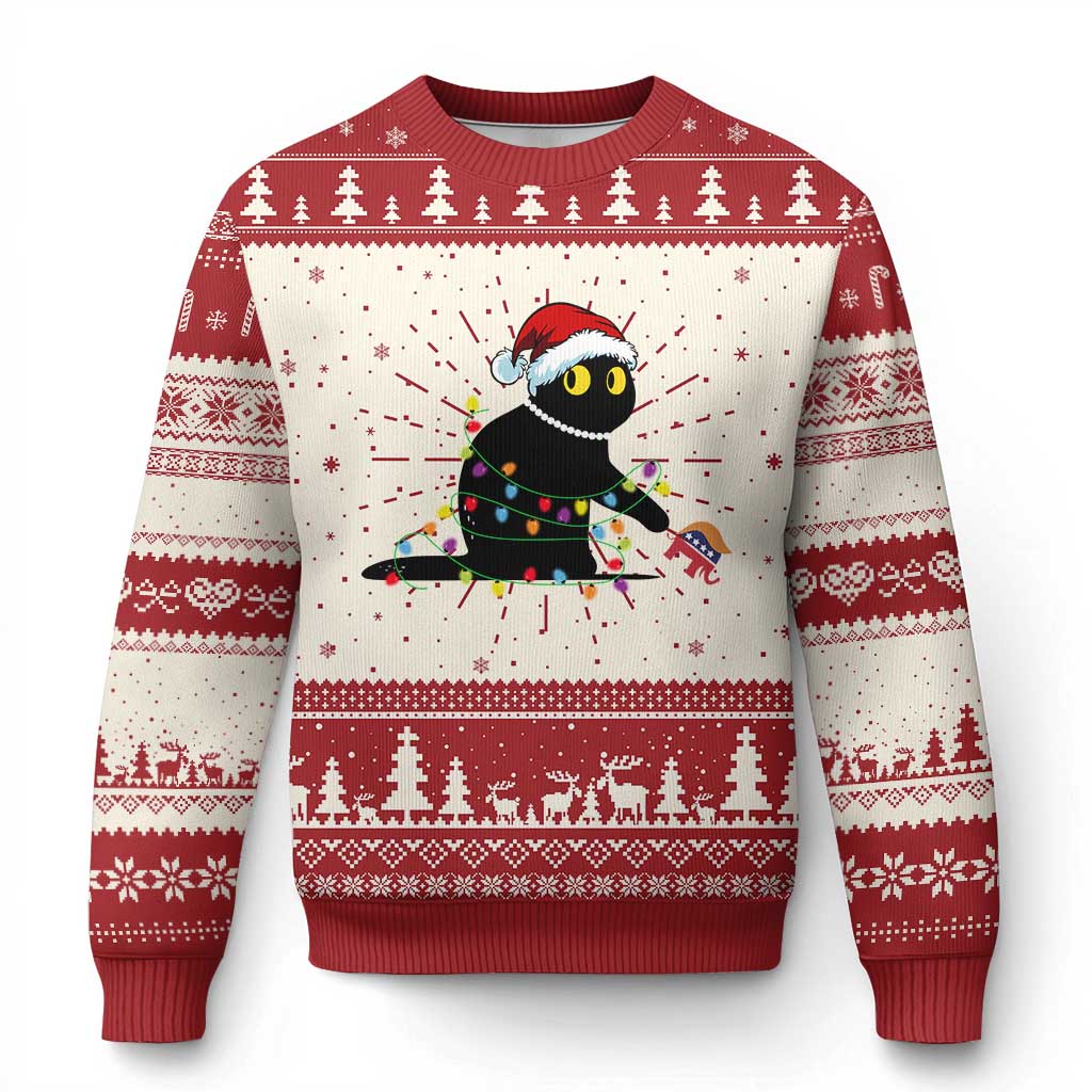 Xmas Black Cat Ugly Christmas Sweater Knock Over Elephant Funny Xmas TS02 Red Print Your Wear