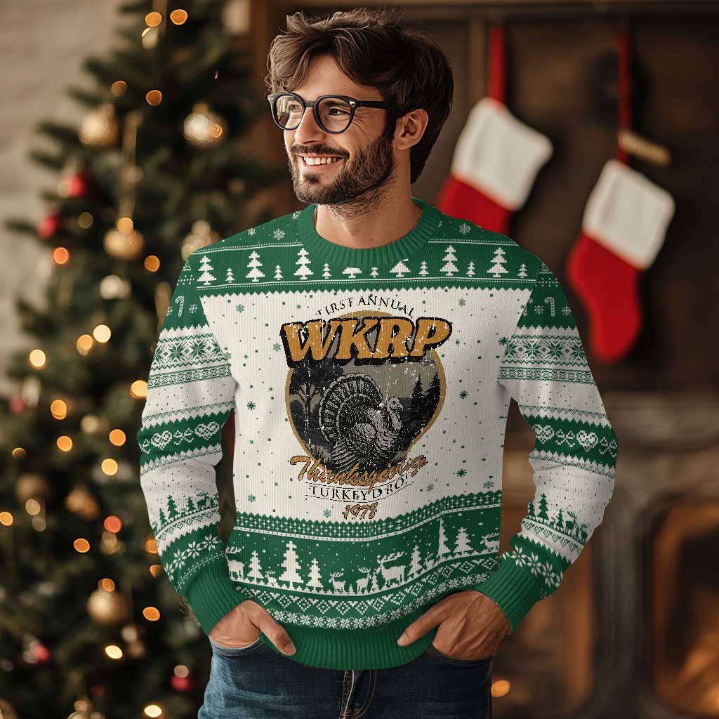 Retro WKRP Thanksgiving Turkey Drop 1978 Ugly Christmas Sweater Distressed Vintage Holiday TS02 Beige Green Print Your Wear