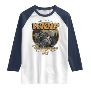 Retro WKRP Thanksgiving Turkey Drop 1978 Raglan Shirt Distressed Vintage Holiday TS02 White Navy Print Your Wear