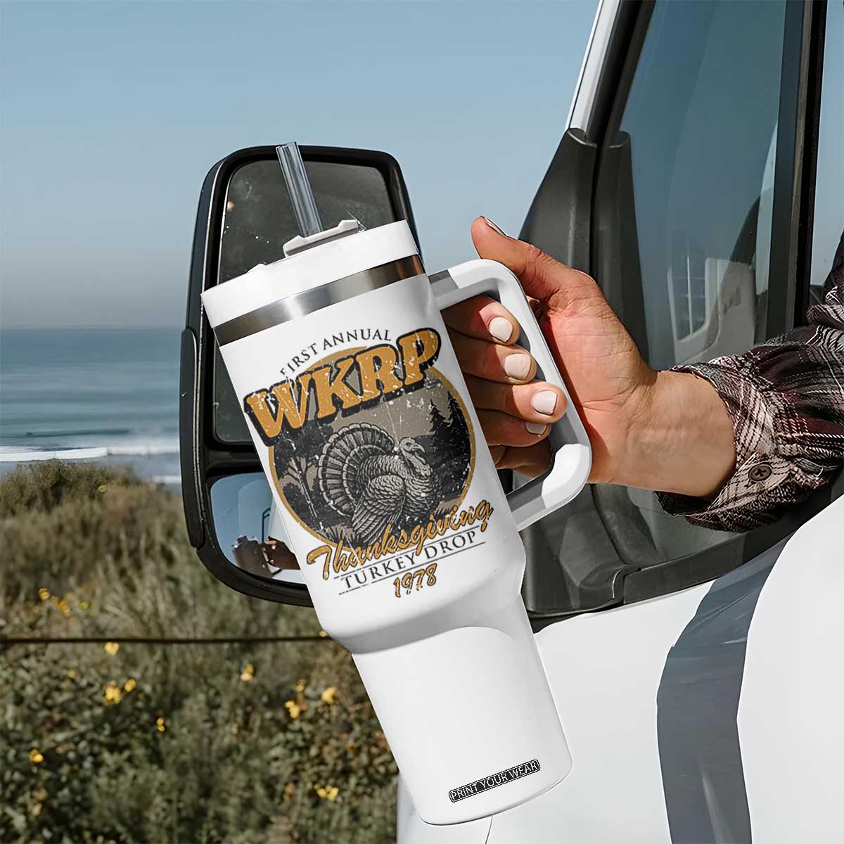 Retro WKRP Thanksgiving Turkey Drop 1978 Tumbler With Handle Distressed Vintage Holiday TS02 Print Your Wear
