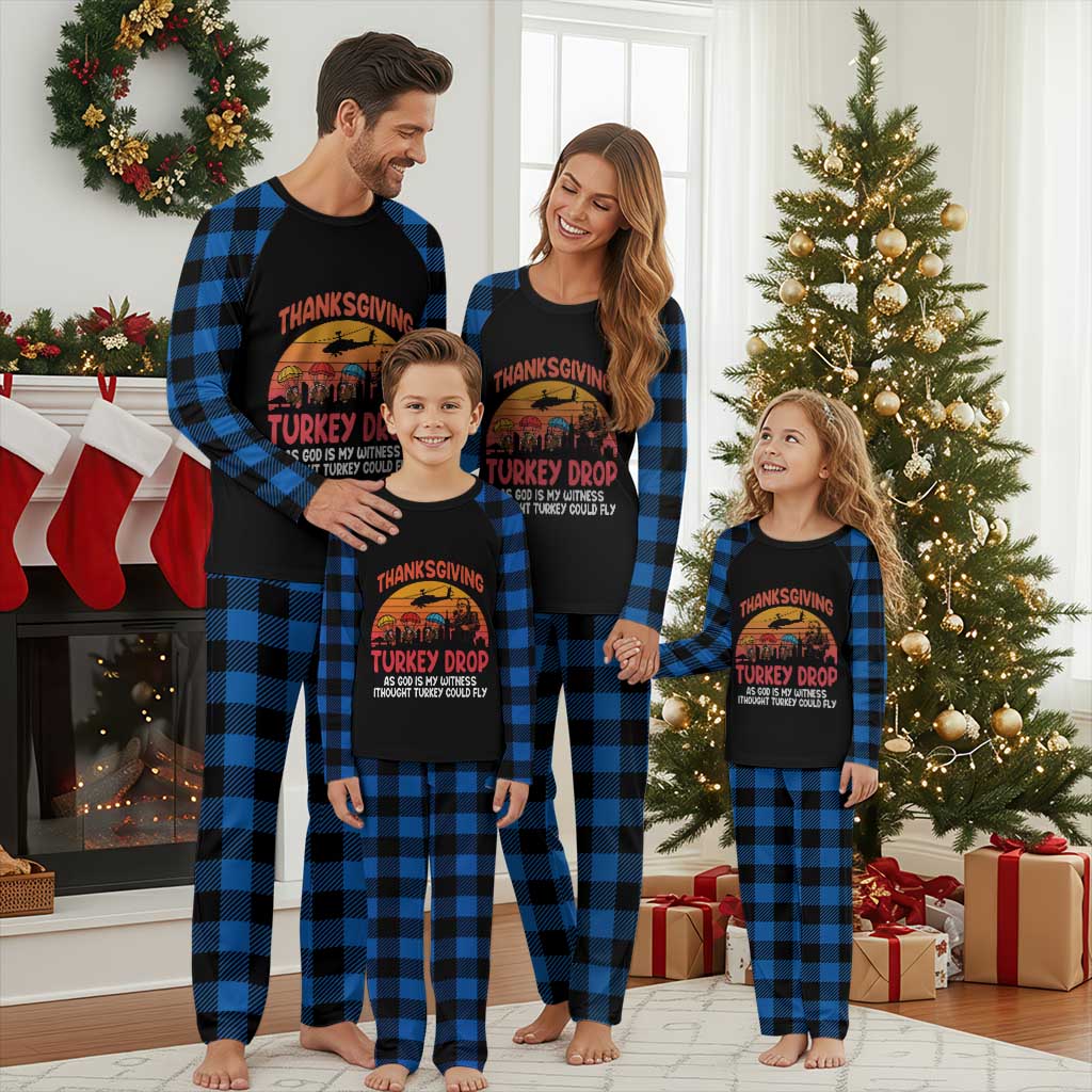 Retro Thanksgiving Turkey Drop Plaid Pajama Set Parachuting Turkeys Funny 70s Parody TS02 Blue Plaid Print Your Wear
