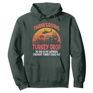 Retro Thanksgiving Turkey Drop Hoodie Parachuting Turkeys Funny 70s Parody TS02 Dark Forest Green Print Your Wear
