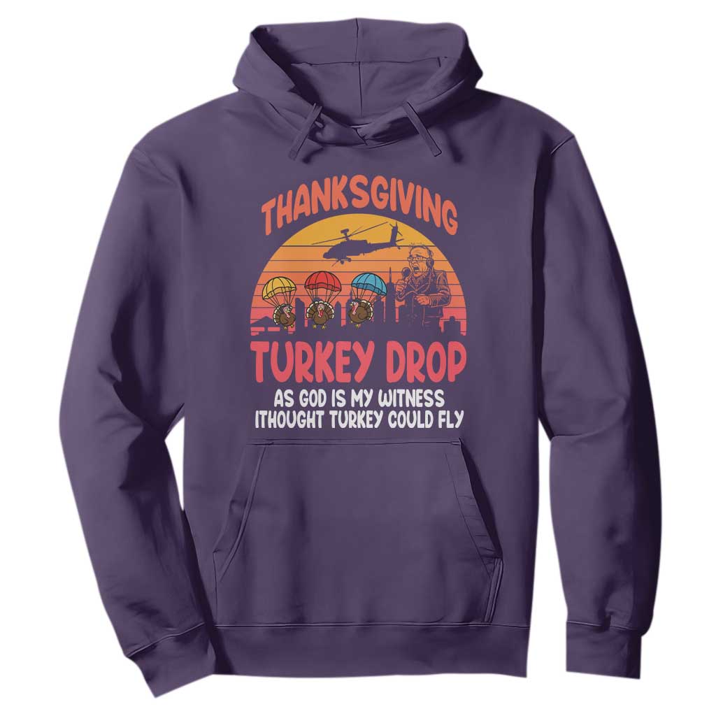 Retro Thanksgiving Turkey Drop Hoodie Parachuting Turkeys Funny 70s Parody TS02 Purple Print Your Wear