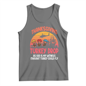 Retro Thanksgiving Turkey Drop Tank Top Parachuting Turkeys Funny 70s Parody TS02 Black Heather Print Your Wear