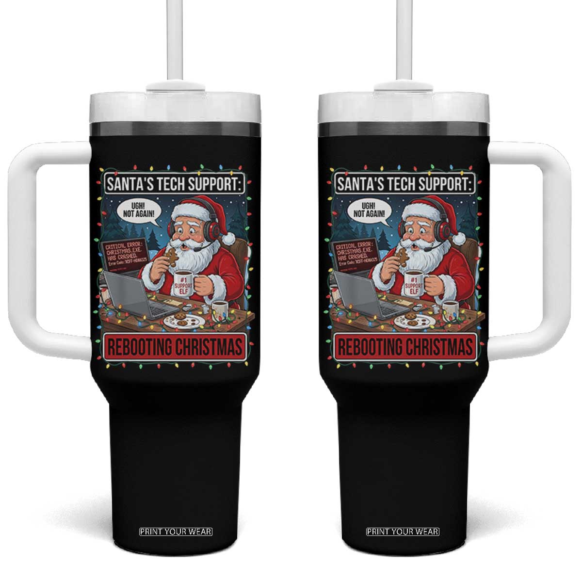 Funny Santa Tech Support Christmas Tumbler With Handle Rebooting Christmas Geek Humor Gift TS02 One Size: 40 oz Black Print Your Wear