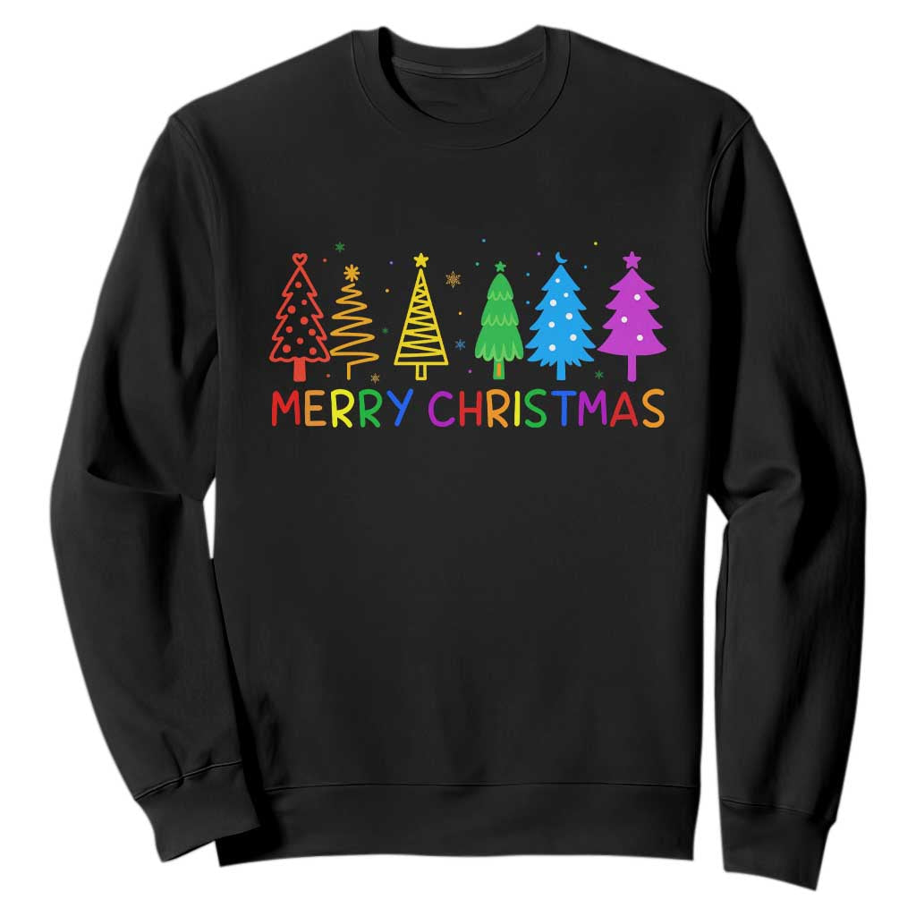 Colorful Rainbow Christmas Trees Sweatshirt Merry Xmas Fun Festive Holiday Pride Gift TS02 Black Print Your Wear