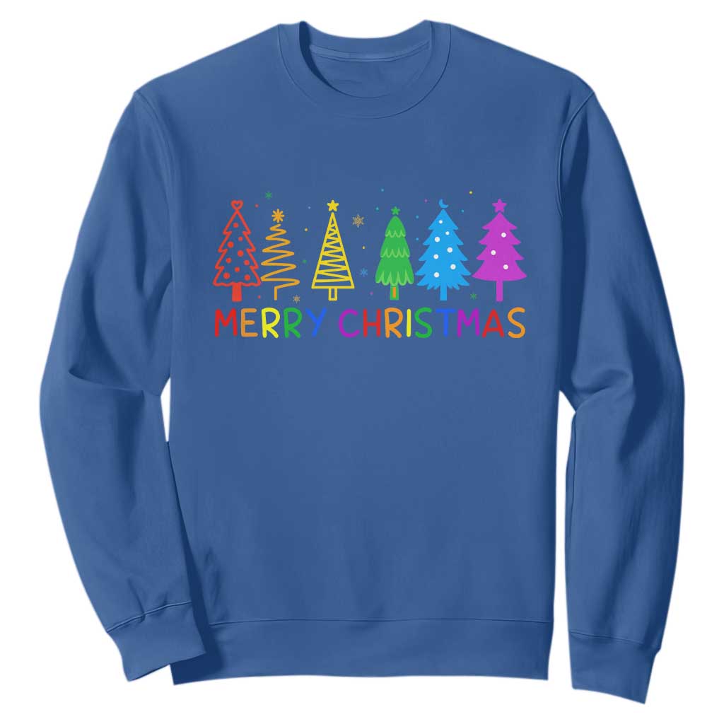 Colorful Rainbow Christmas Trees Sweatshirt Merry Xmas Fun Festive Holiday Pride Gift TS02 Royal Blue Print Your Wear